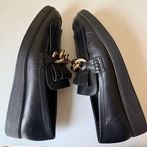 Antonio Melanie Black Leather Women’s Loafers with Gold Chain Detail